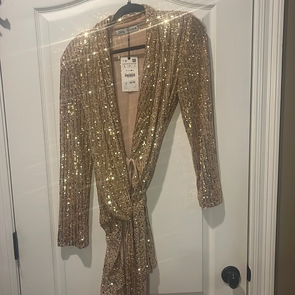 Zara Sparkling Gold Long Sleeve Dress NWT - Picture 5 of 10